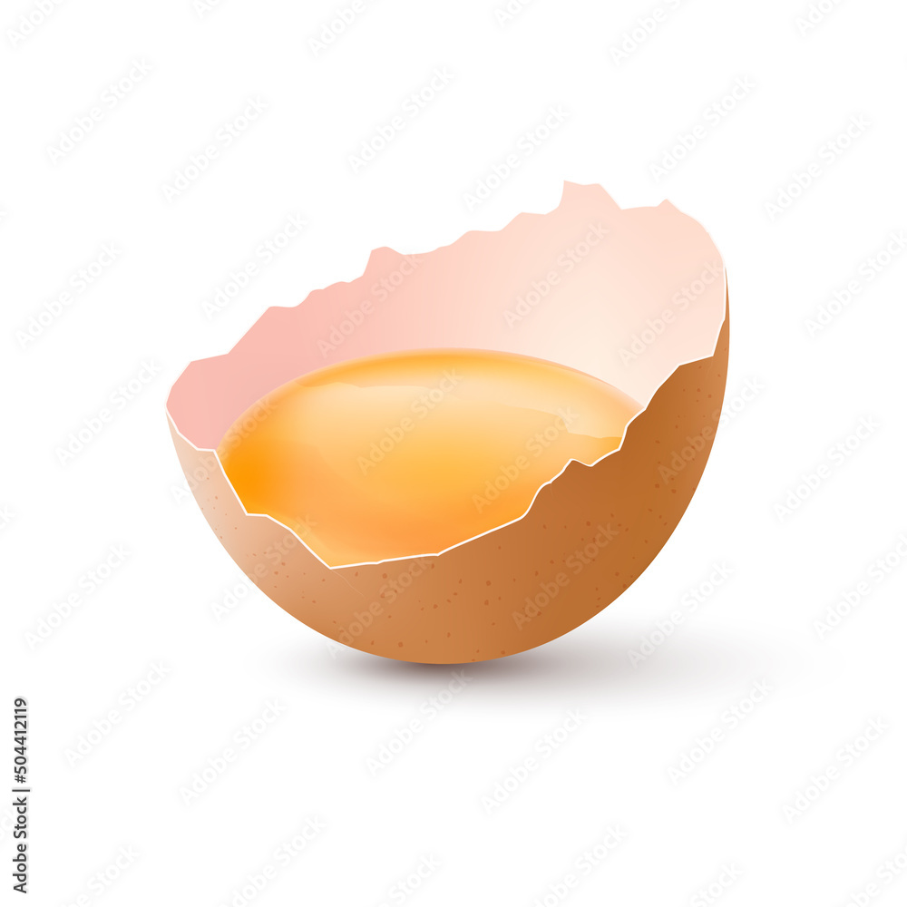 Half Broken Chicken Brown Egg with Yolk. Lies on a White Background with a Shell, Yolk Half Broken Chicken Brown Egg with Yolk. Lies on a White Background with a Shell, Yolk