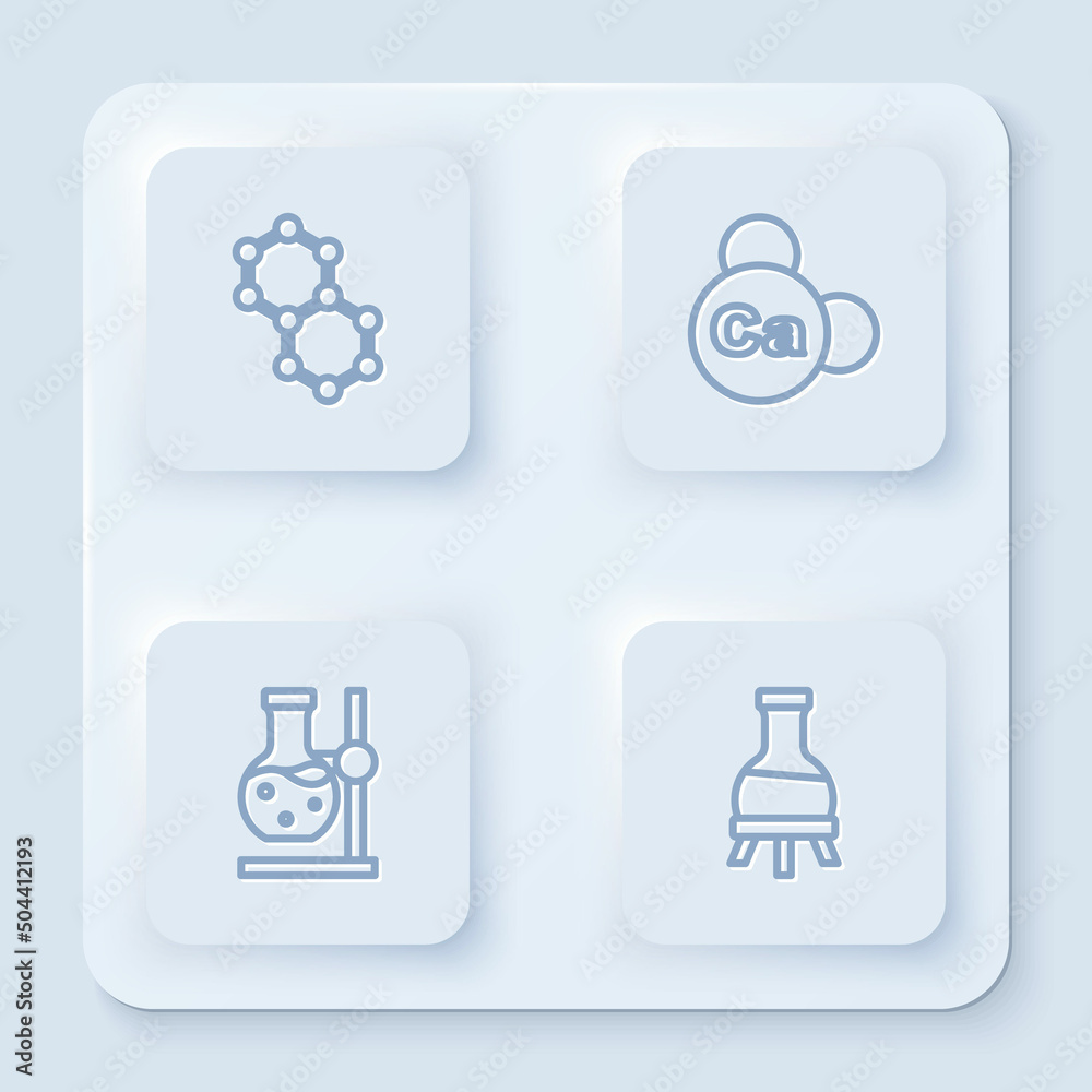 Set line Molecule, Mineral Ca Calcium, Test tube flask on stand and . White square button. Vector Set line Molecule, Mineral Ca Calcium, Test tube flask on stand and . White square button. Vector