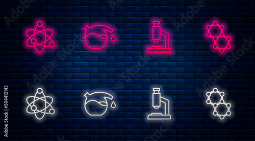 Set line Test tube, Microscope, Atom and Molecule. Glowing neon icon on brick wall. Vector