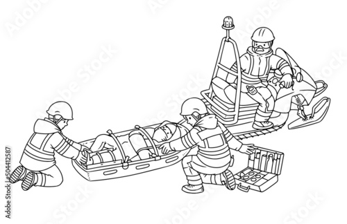 Rescuers  snowmobile and rescue sled Coloring book