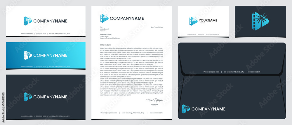 Beach film logo with stationery, business card and social media banner designs Beach film logo with stationery, business card and social media banner designs