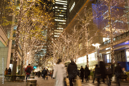 People walking on illuminated Marunouchi Nakadori Street in Tokyo during winter