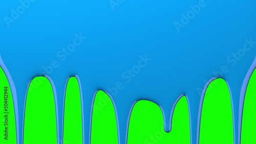 Blue paint drips on green screen and transparent background. Liquid flowing down the surface in streams, melting drops forming streaks. 3D animation. Chroma key, alpha channel ProRes 4444 in 4k UHD.