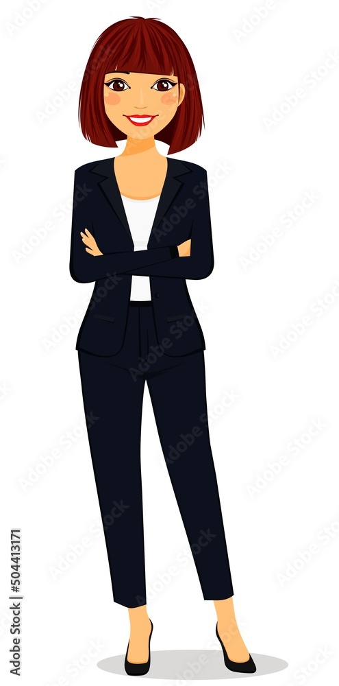 Smiling young woman standing on a white background. Flat style. Cartoon. Smiling young woman standing on a white background. Flat style. Cartoon.