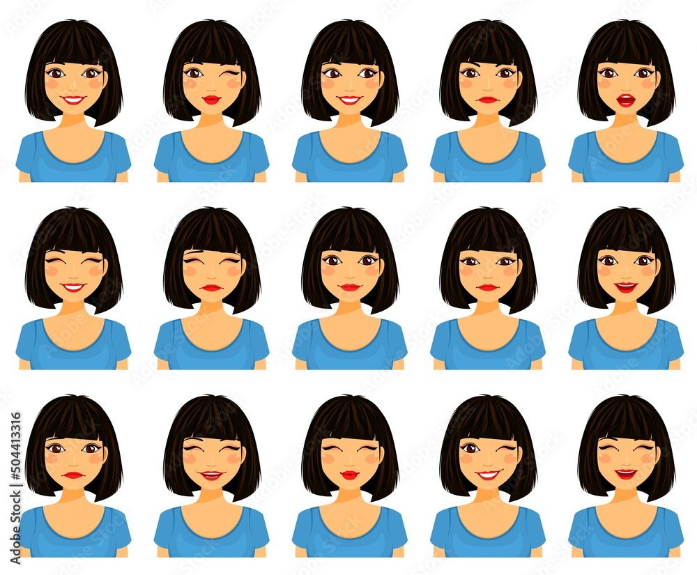 Beautiful brunette woman with different facial expressions. Emotions. Flat style on a white background. Cartoon