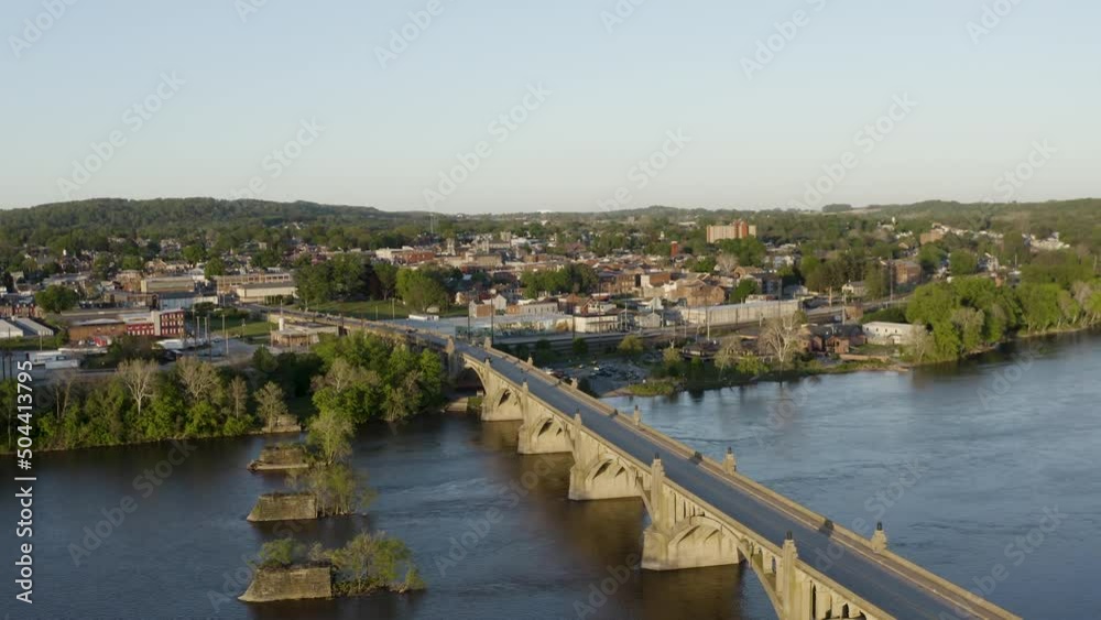 Veterans Memorial Bridge in Columbia Pennsylvania Susquehanna River Aerial at Sunset Veterans Memorial Bridge in Columbia Pennsylvania Susquehanna River Aerial at Sunset