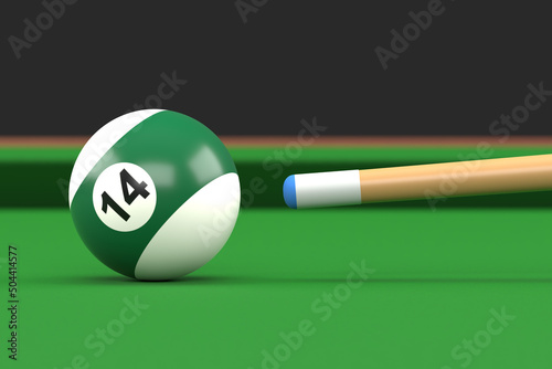 Close-up of billiard ball number fourteen in green and white color on billiard table, snooker aim the cue ball. Realistic glossy billiard ball. 3d rendering 3d illustration