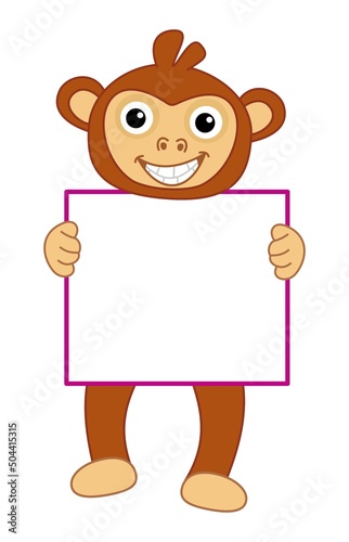 Young red-haired monkey smiling and standing with black eyes holding a billboard © koft
