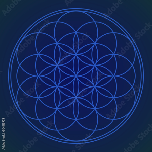 Outlined Flower of life pattern in blue and dark background.