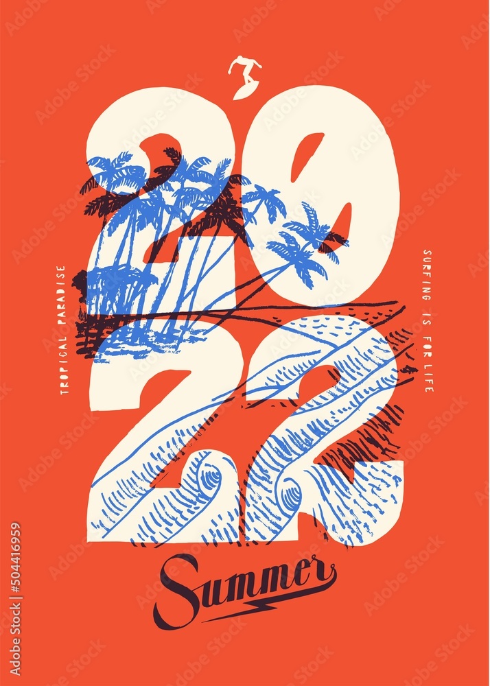 2022 beach. Tropical beach with palm trees and waves and large 2022 numbers all over . 2022 tropical beach vacation vintage typography silkscreen t-shirt print vector illustration. - obrazy, fototapety, plakaty 