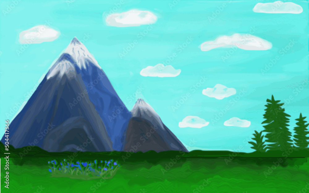 Blue mountains, under blue skies with clouds, green trees, flowering plants, color drawing