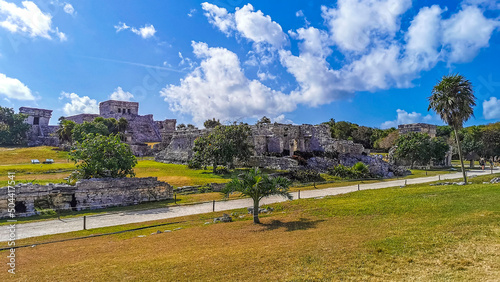 Ancient Tulum ruins Mayan site temple pyramids artifacts seascape Mexico.