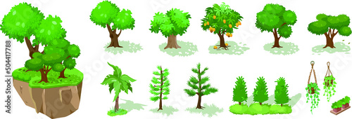 Forest nature elements landscape set with tree, broadleaf, conifer, palm, potted plants in cartoon style isolated on white background. Ui assets, for computers game interface vector illustrations
