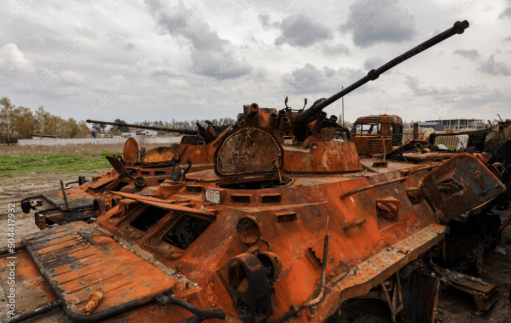 Burnt and destroyed military armored vehicles