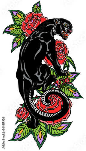 Roaring panther climbing up and blooming roses. Angry black leopard. Tattoo style vector illustration isolated on white