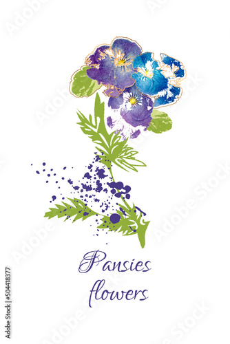 Watercolor pansies with golden decor