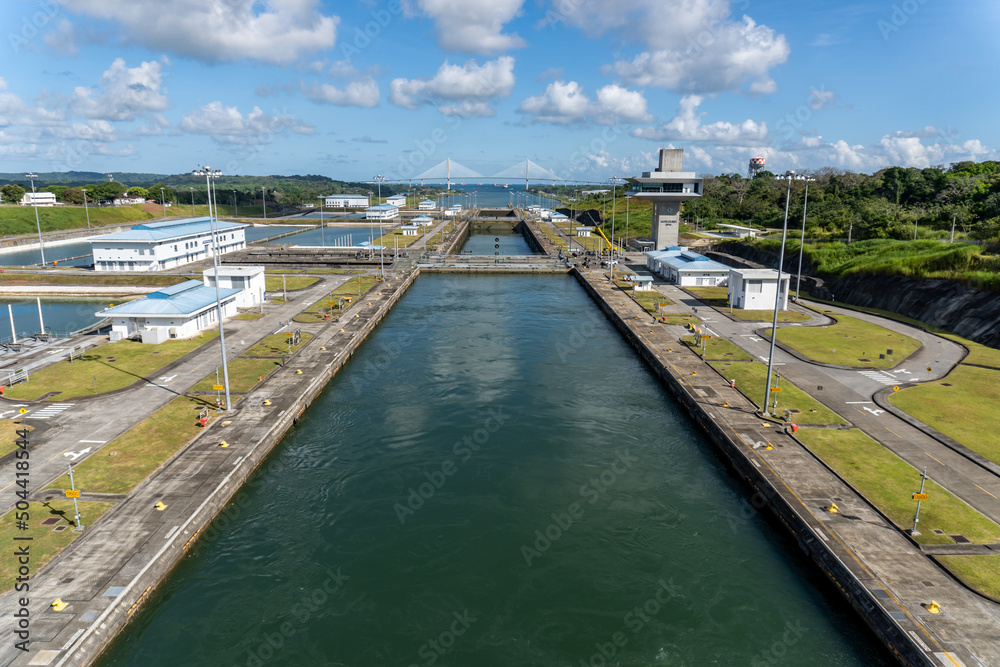 Panama Canal: Agua Clara Locks, set of three new locks with Atlantic Bridge. Agua Clara control tower (torre de control). The Atlantic Locks connect Limon Bay to Gatun Lake, Atlantic to Pacific