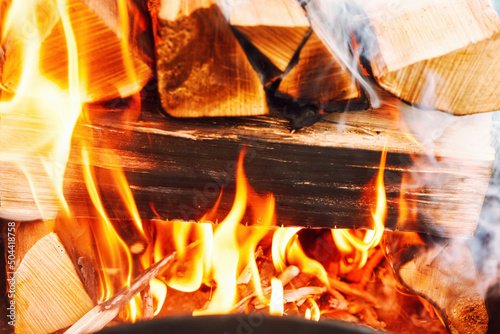 Brightly burning wooden logs with yellow hot flames of fire. Sparkling bonfire in the grill on firewood. Firewood burning on grill. Open fire. Close up view with shallow DOF.