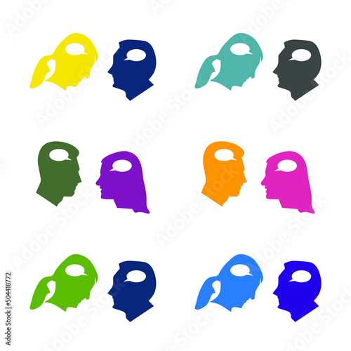 Internal dialogue into male and female stock illustration. The vector image features talk bubbles inside heads. 