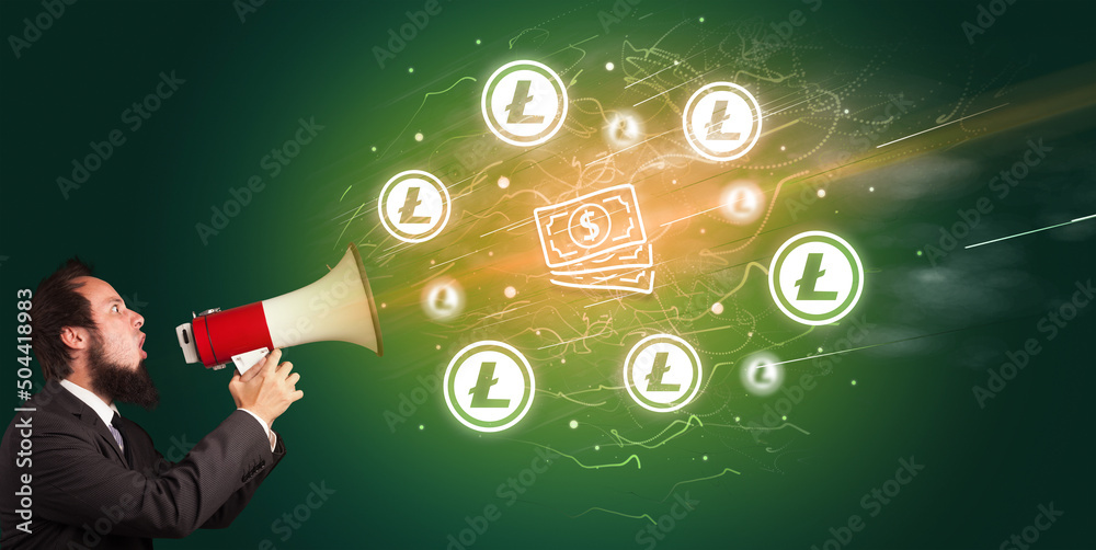 Young person with megaphone and currency icon Young person with megaphone and currency icon