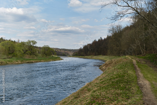 Green grass and forest and a quiet calm river flows by the path. The bank of the Moskva River in the countryside of the Moscow region in late spring. A sunny summer day in the village.