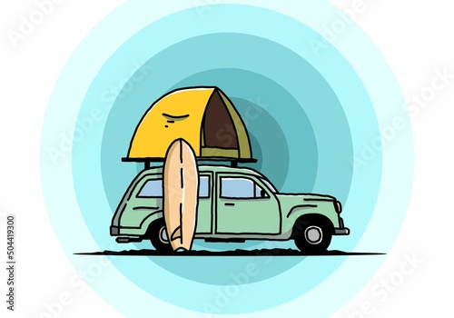 Illustration of car with a roof tent and a surfboard on the side