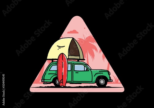 Illustration of car with a roof tent and a surfboard on the side