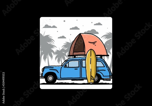 Illustration of car with a roof tent and a surfboard on the side