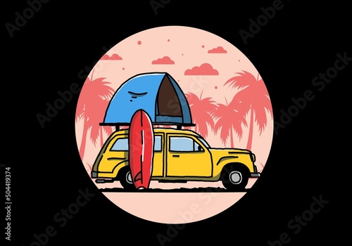 Illustration of car with a roof tent and a surfboard on the side