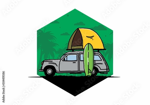 Illustration of car with a roof tent and a surfboard on the side
