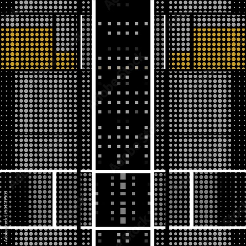 black and white and shades of grey grid dot and spot pattern with gold contrasting portions