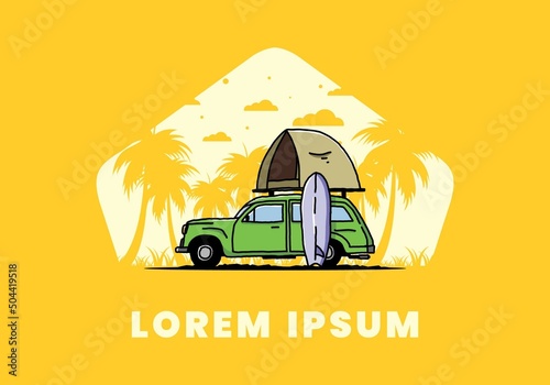 Illustration of car with a roof tent and a surfboard on the side