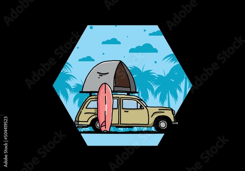 Illustration of car with a roof tent and a surfboard on the side