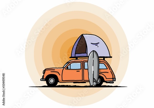 Illustration of car with a roof tent and a surfboard on the side