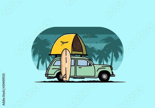Illustration of car with a roof tent and a surfboard on the side