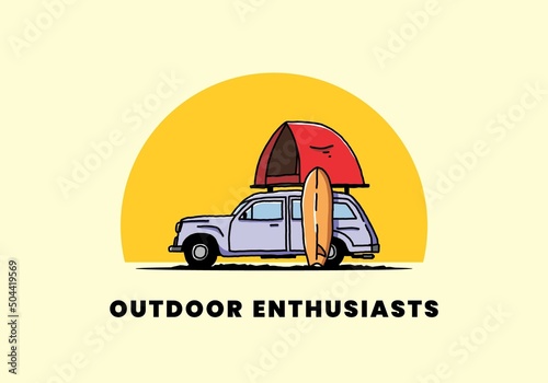Illustration of car with a roof tent and a surfboard on the side