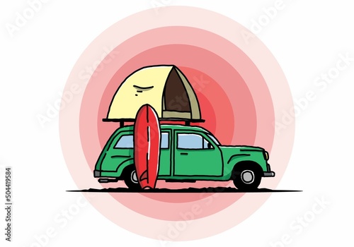 Illustration of car with a roof tent and a surfboard on the side