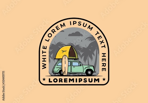 Illustration of car with a roof tent and a surfboard on the side