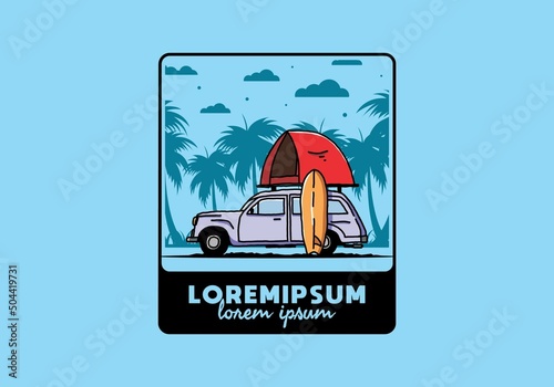 Illustration of car with a roof tent and a surfboard on the side