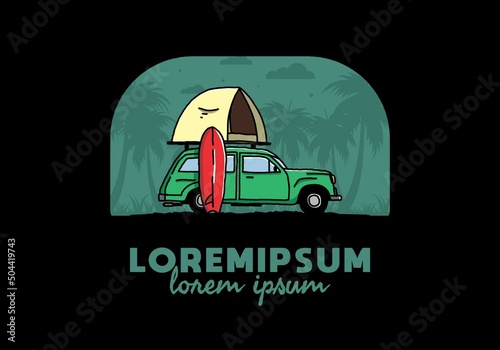 Illustration of car with a roof tent and a surfboard on the side