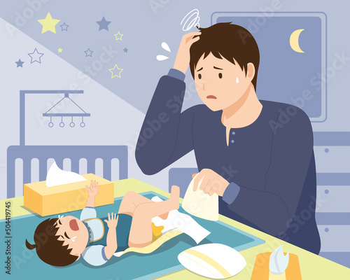 Young father confused how to changing baby’s diapers.