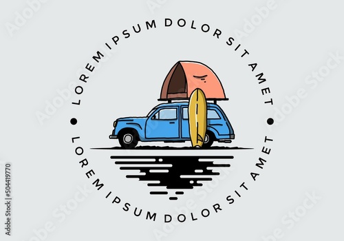 Illustration of car with a roof tent and a surfboard on the side