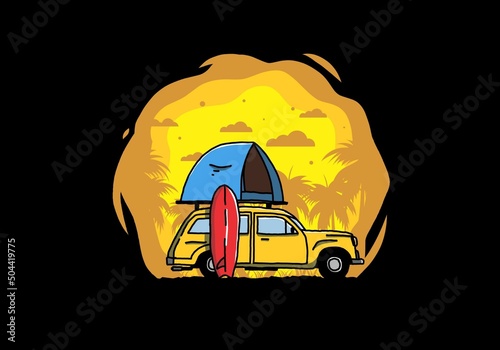 Illustration of car with a roof tent and a surfboard on the side