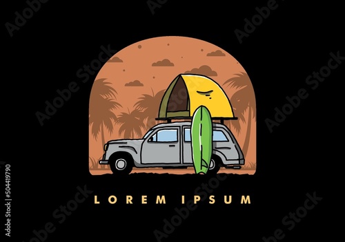Illustration of car with a roof tent and a surfboard on the side