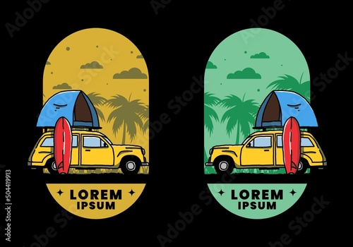 Illustration of car with a roof tent and a surfboard on the side