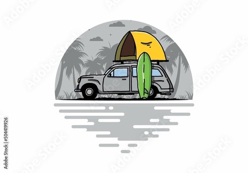Illustration of car with a roof tent and a surfboard on the side