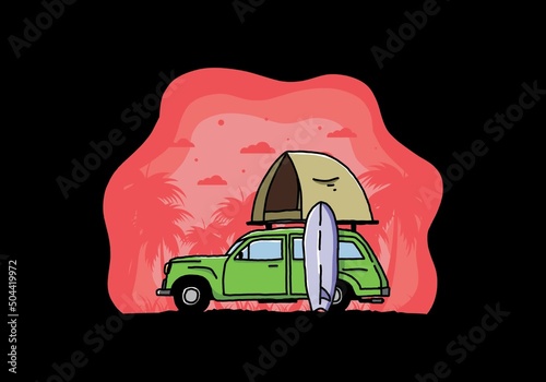 Illustration of car with a roof tent and a surfboard on the side