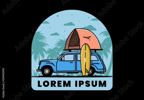 Illustration of car with a roof tent and a surfboard on the side