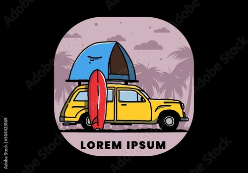 Illustration of car with a roof tent and a surfboard on the side