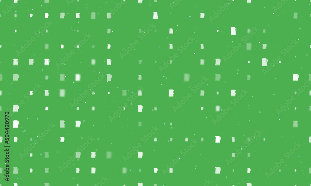 Seamless background pattern of evenly spaced white kettle symbols of different sizes and opacity. Vector illustration on green background with stars Seamless background pattern of evenly spaced white kettle symbols of different sizes and opacity. Vector illustration on green background with stars